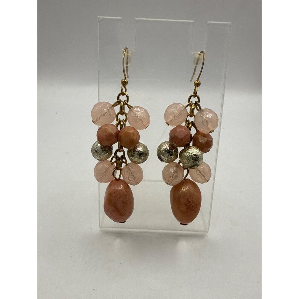 Pink & Gold Beaded Dangle Earrings With Hook Backing